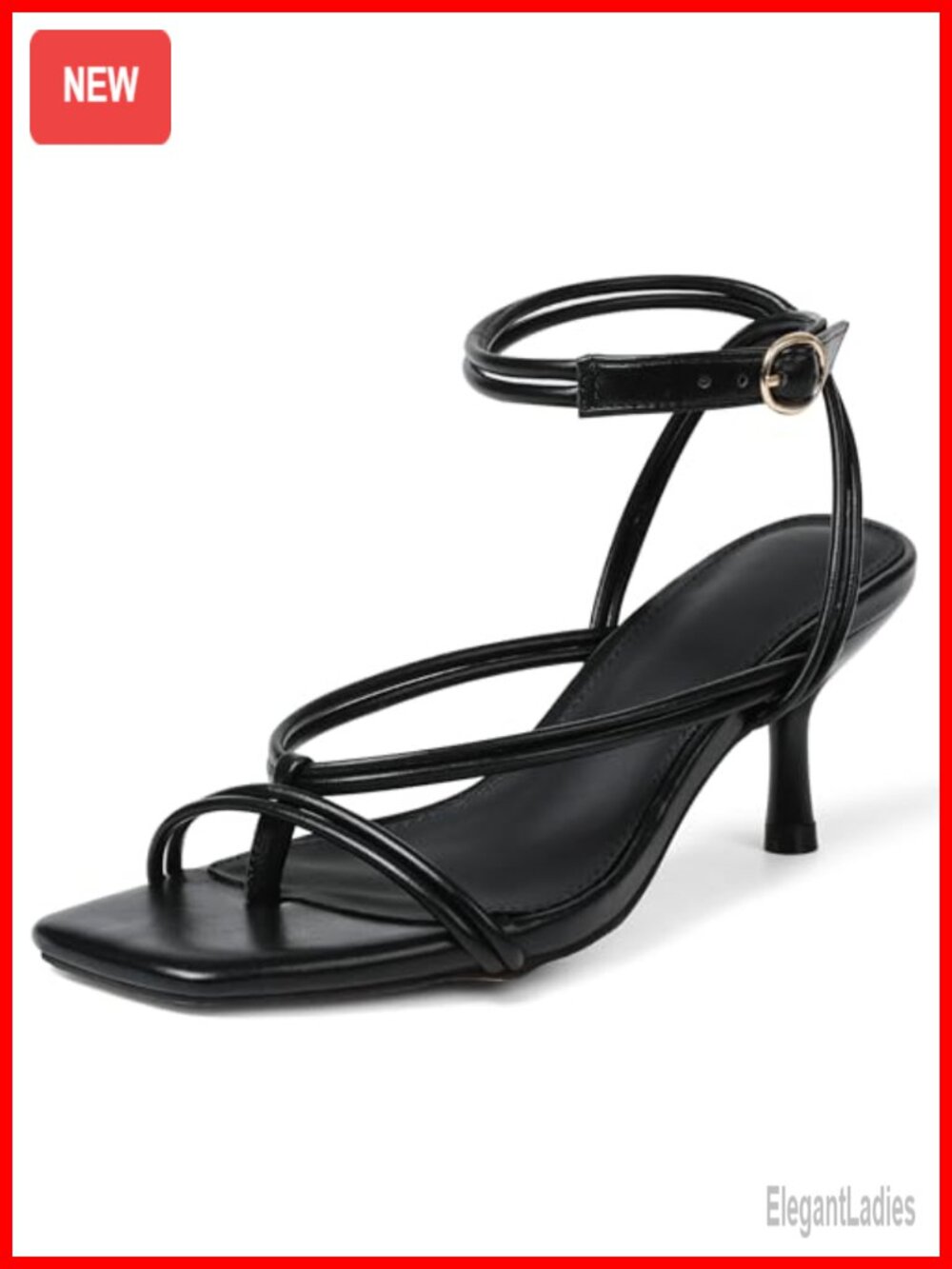 Strappy Kitten Heel Sandals Square Open Toe Ankle Strap Faux Leather